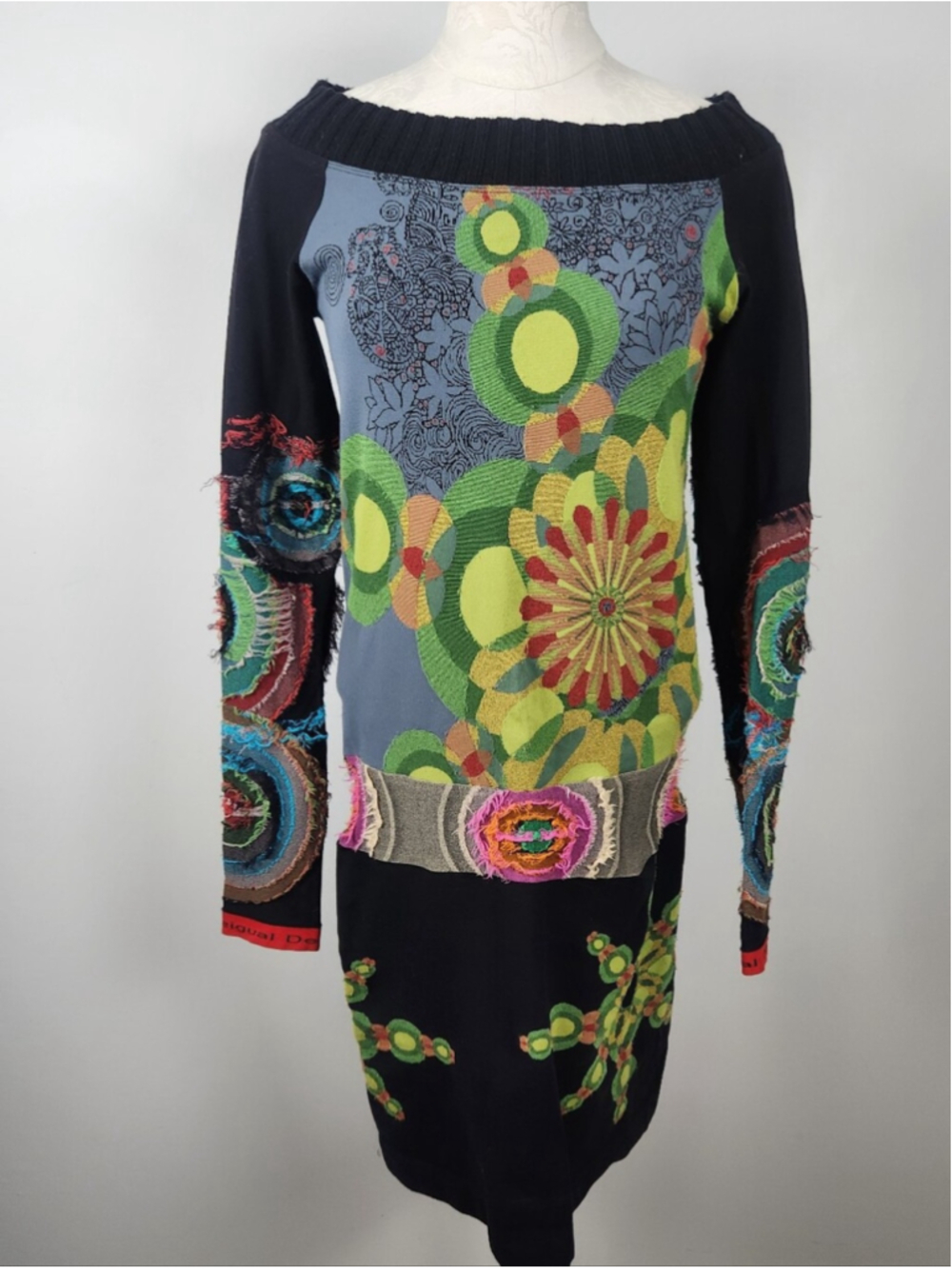 Desigual Mixed Media Long Sleeve Stretch Dress Sz M Artsy Art To Wear Grunge Y2K - Picture 2 of 15